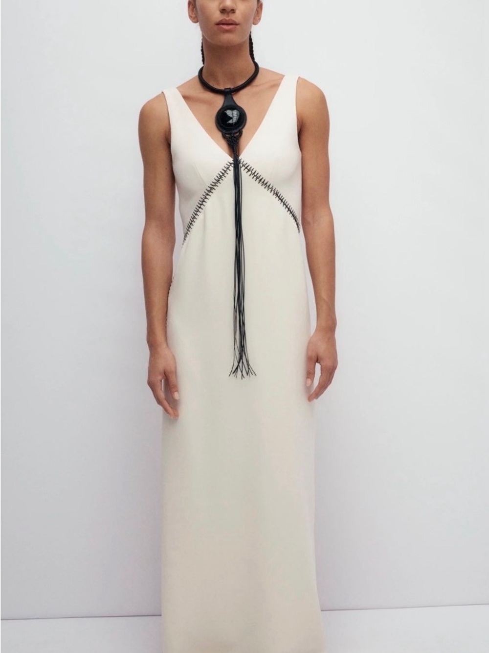 Chloé Seed Pearl Beige Maxi Dress with Black Embroidery Detail